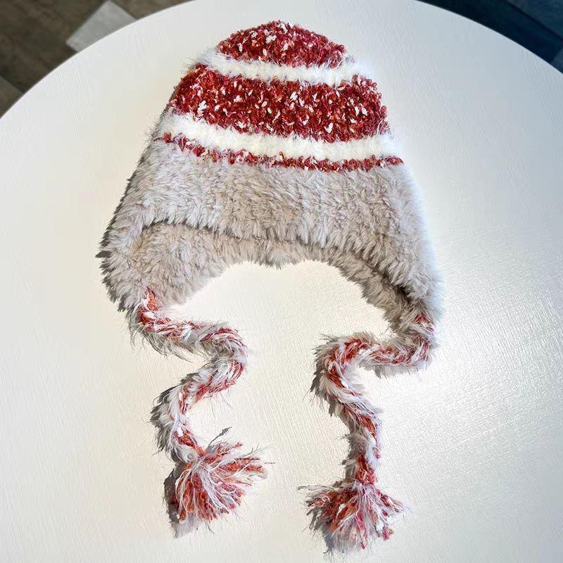 Autumn and Winter Striped Splicing Wool Hat Women's Velvet Thickened Warm Ear Protection Big Head Circumference Lei Feng Knitted Hat