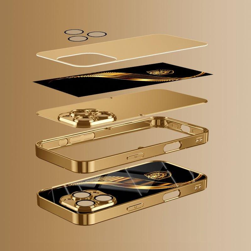 Стеклянный чехол для телефона 'Золотой Лев Щит' Подходит для iPhone 17 16 15 14 13 12 11 Pro Max Plus Защита от падений и ударов Задняя крышка