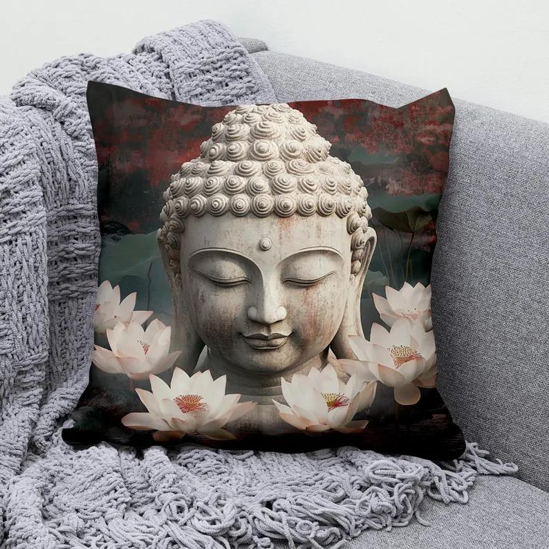 VIKAMA Buddha Statue Pillow Cover Watercolor Buddha Portrait Cushion Case For Yoga Studio Meditation Room Decor