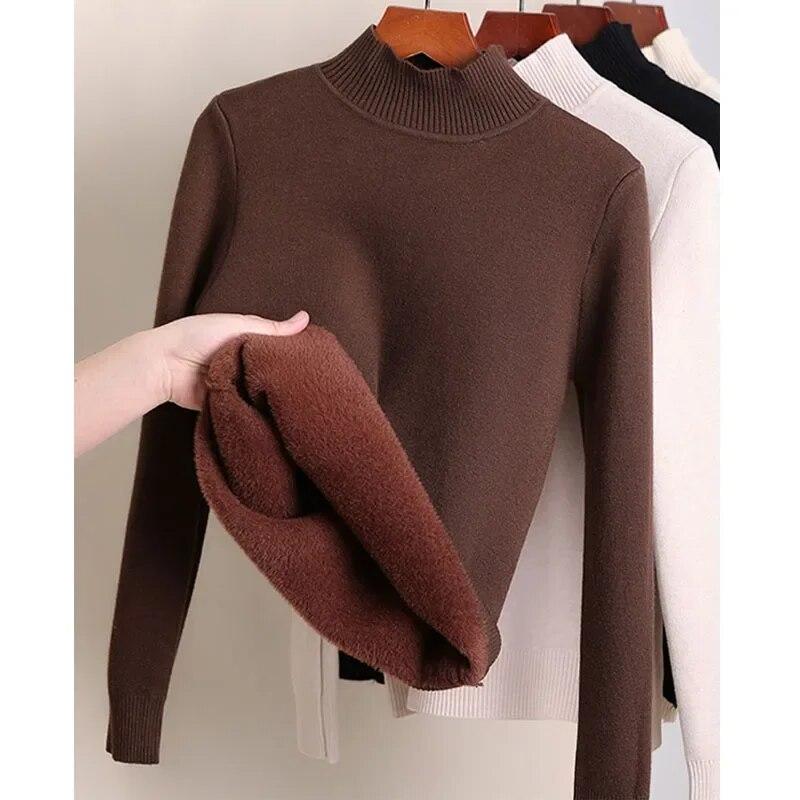Зимний офисный женский бархатный вязаный теплый свитер, повседневный свободный однотонный свитер с длинными рукавами и высоким воротником, женские модные пуловеры 29555
