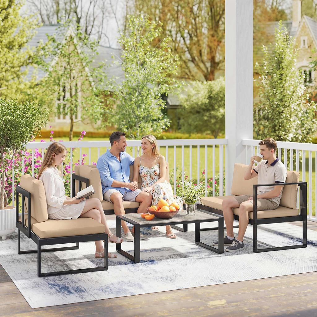 4-Piece Garden Furniture Set, Sofa Set with 2 Two-Seaters, Armless Chair, Coffee Table, for Balcony, Khaki