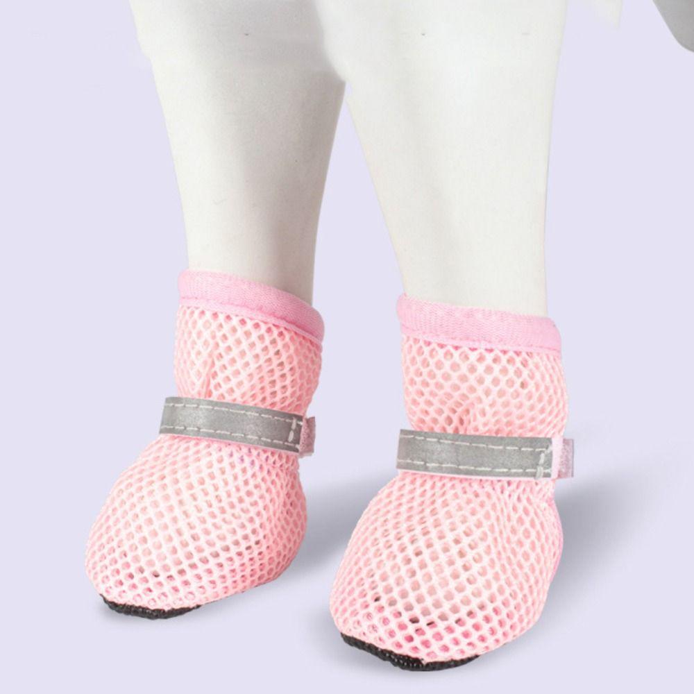 4pcs/set Breathable Dog Mesh Shoes Reflective Hollow Out Dog Shoes Pet Short Boots for Walking