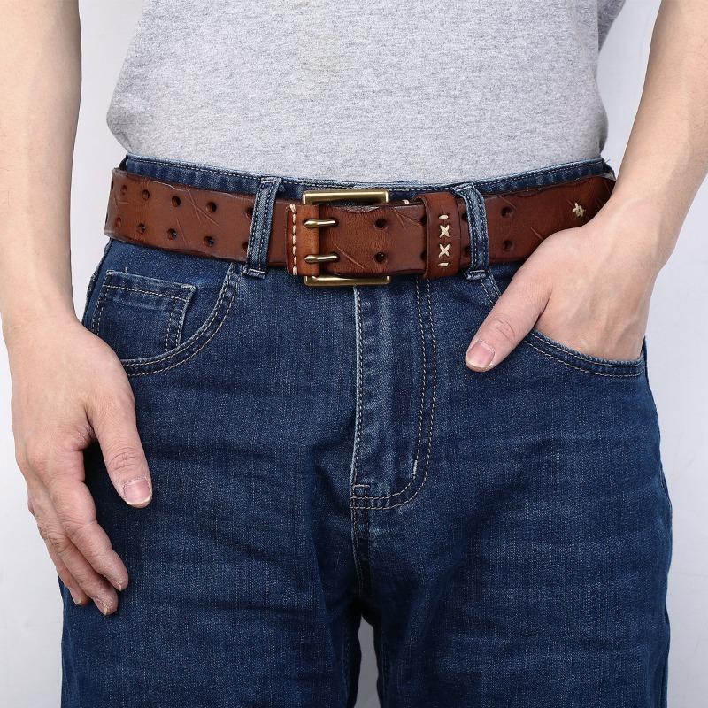 Мужской ремень из натуральной кожи в стиле ретро с персонализированной медной пряжкой, ремень из коровьей кожи первого слоя