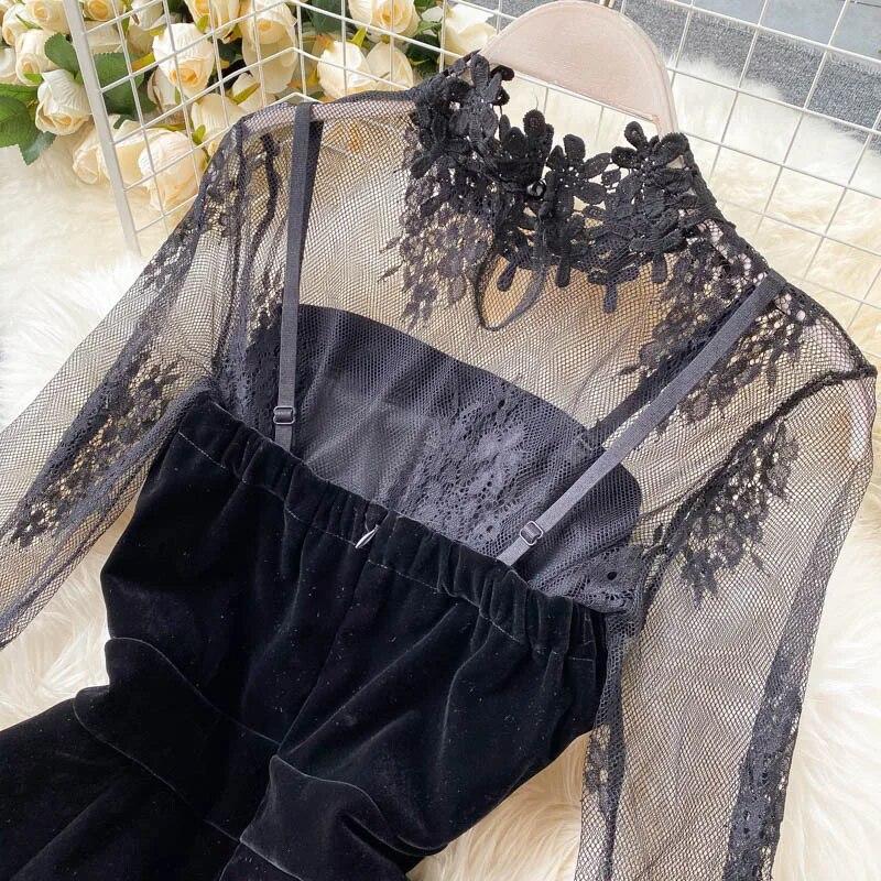 Office Sexy Puff Sleeve Mesh Lace Jumpsuit Women Fashion Double Breasted Elegant Jumpsuit Lady Korean Short Wide Leg Pants Casual Clothing 2024