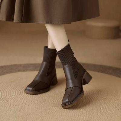 Женские эластичные ботильоны-носки на каблуке с квадратным носком, осенне-зимние, на флисовой подкладке, короткие, дизайнерские, роскошные, модные ботильоны