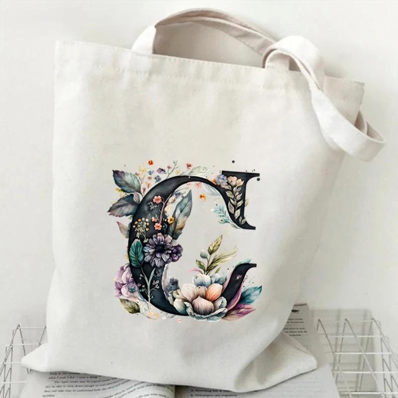 26 Letters Flower Tote Bag For Women Eco Reusable Shoulder Bagslarge Capacity Canvas Casual Harajuku Shopping Shopper Handbag