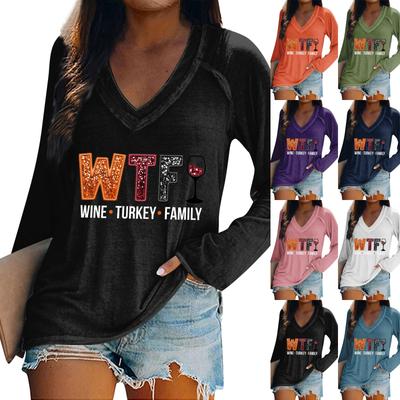 Женская футболка с длинным рукавом, повседневный комфортный топ с v-образным вырезом и принтом