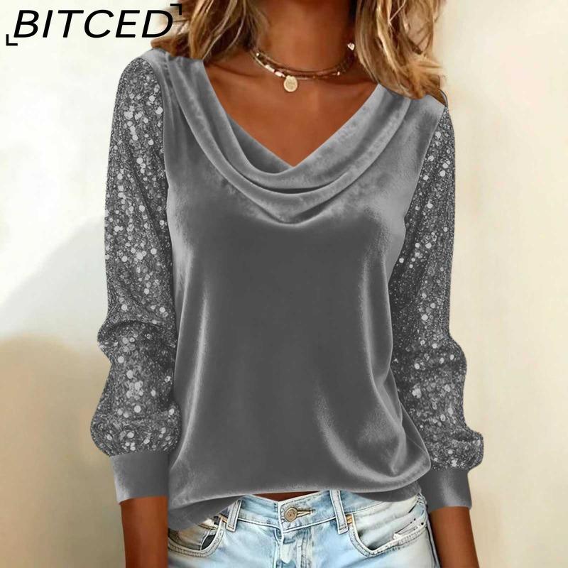BITCED Модная женская бархатная футболка с пайетками, пэчворк, с длинным рукавом