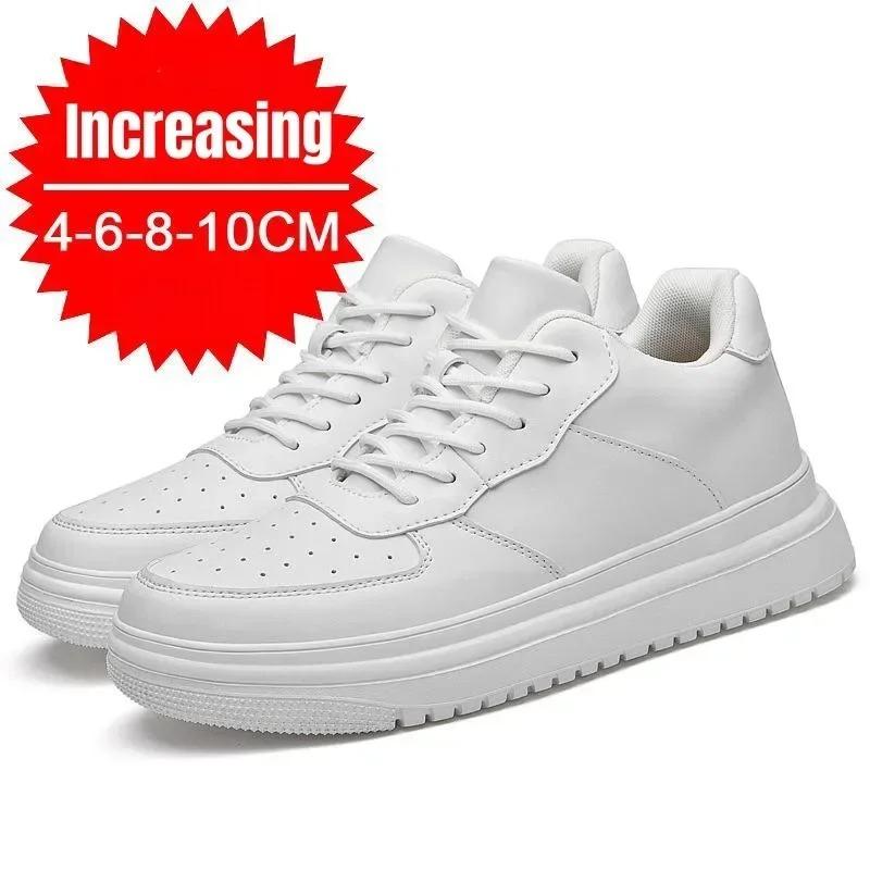 New Height Increasing Shoes for Men 10cm Invisible Elevator Sneakers White Leathe Sport