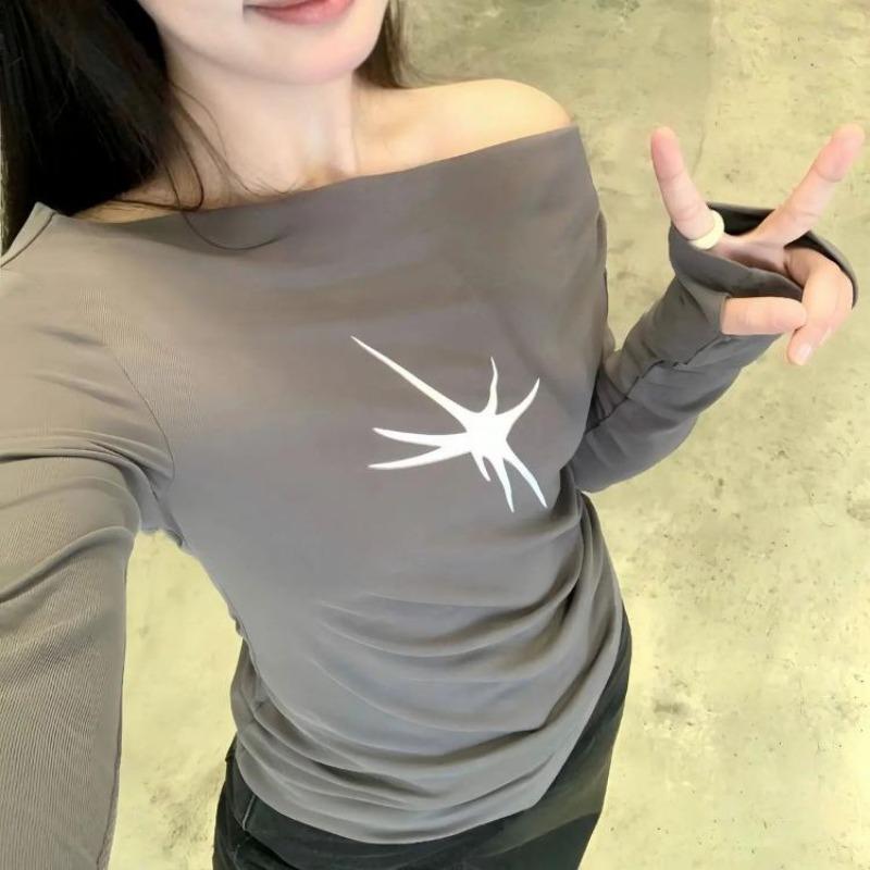 2KWEIRD Y2k Aesthetics Vintage Solid Tops Spring Summer Long Sleeve Skew Collar T-shirt High Waist Print Streetwear Slim Tee Shirt