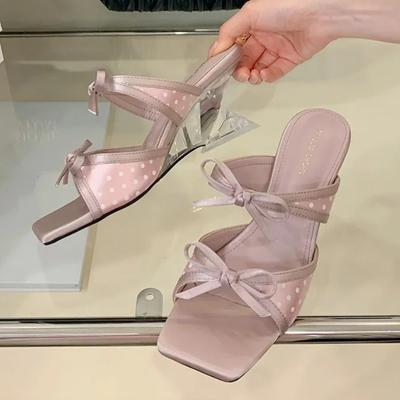 Модные Элегантные Шлепанцы на танкетке с бантом-бабочкой и в горошек Женские Модные Сандалии с прозрачным высоким каблуком и квадратным носком Сладкий Дизайнерский Бренд Обуви