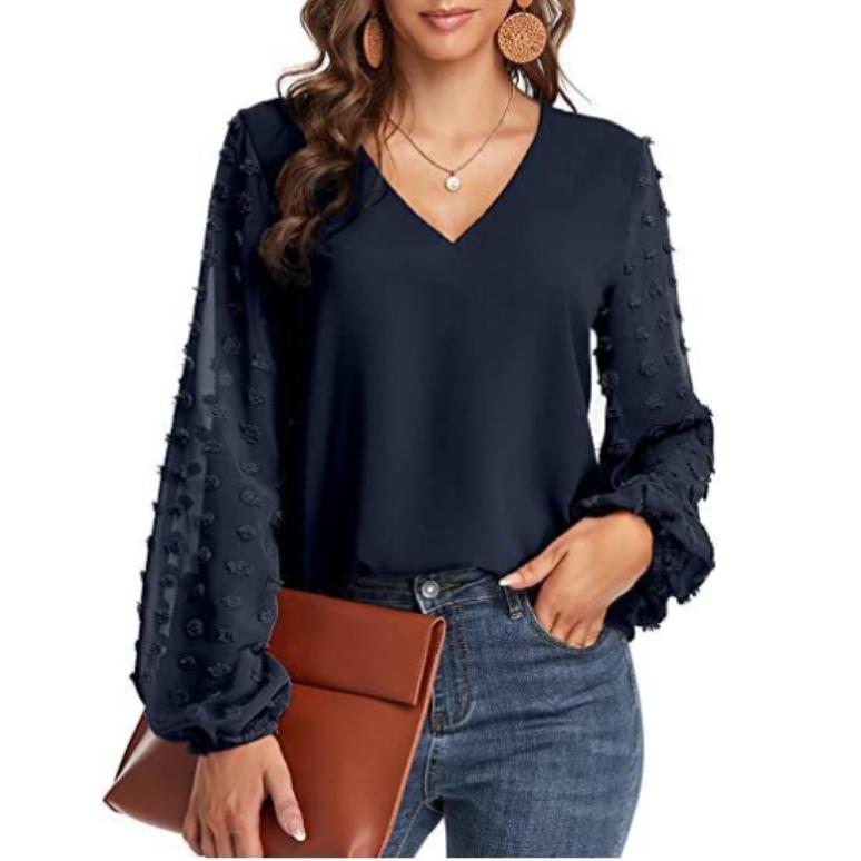 Женская одежда Рубашка с V-образным вырезом Повседневная однотонная рубашка для весны и осени