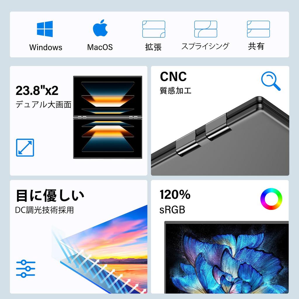 Dual Monitor Inch InnoView No Driver Required Foldable Dual Display sRGB 100Hz 2 Monitors FHD1080p Triple Monitor Auto Rotate Full Function Standard