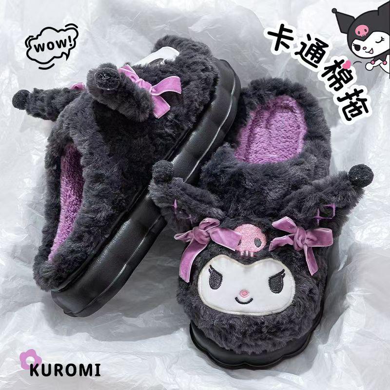 Хлопковые тапочки Kuromi для женщин - Нескользящие, Милый дизайн Sanrio, Плюшевые и утолщенные для осенне-зимнего домашнего использования.