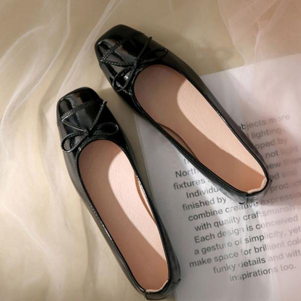 Bowknot Flat Single Shoes Women's Spring Nude Patent Leather Soft Bottom Shoes
