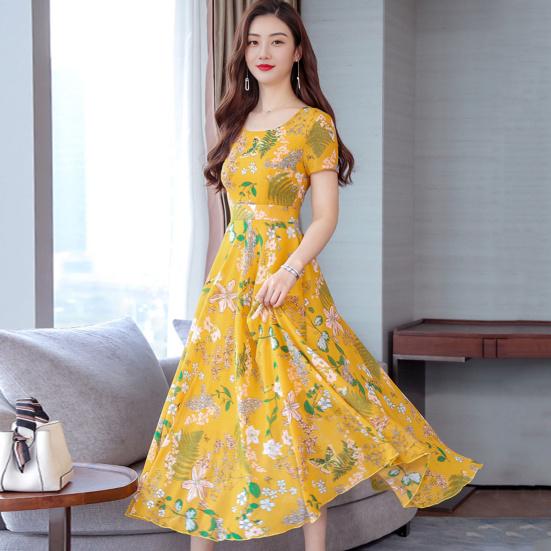 Женское летнее платье с цветочным принтом, пляжное платье длиной до середины икры с узкой талией, короткими рукавами, круглым вырезом, платье А-силуэта для вечеринки в отпуске