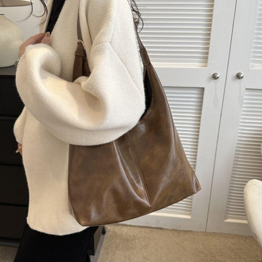Elegant Soft Leather Tote Bag Solid Color Vintage Underarm Bag Fashion Commuting Shoulder Bag Lady