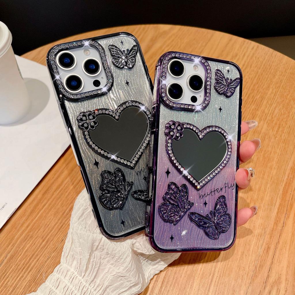 Sparkling Diamond Love Mirror for IPhone 16 Promax Phone Case for Apple 15 Water Ripple Gradient Soft Case