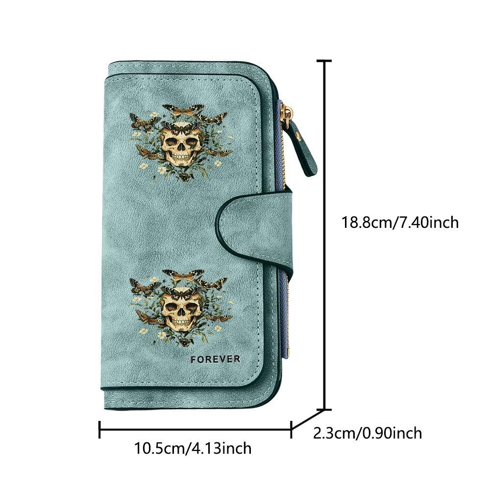Butterfly skull print long zipper wallet, large-capacity card holder, unisex clutch bag, stylish zippered coin purse, suitable for daily use, a great