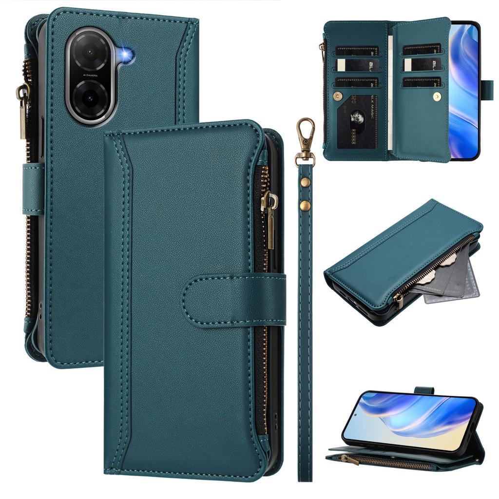 For Xiaomi Poco C71 4G/Xiaomi Redmi A5 4G (171.7*77.8*8.3mm) Leather Case 9 Card Slots Zipper Wallet Stand Phone Cover with Wrist Strap
