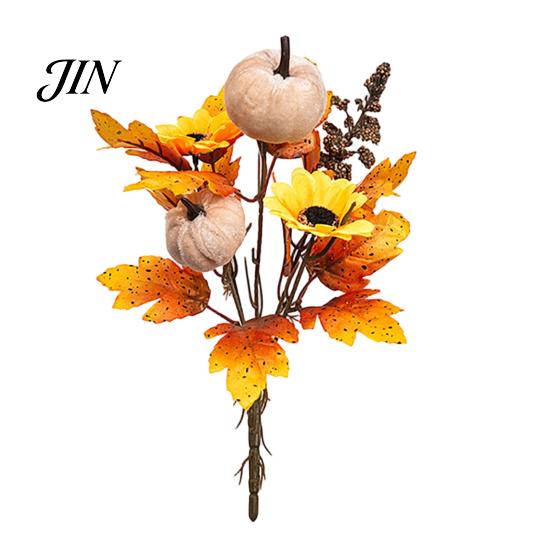 Artificial Fall Bouquet with Fabric Pumpkins Maple Leaves Wheat Berries, Thanksgiving Floral Arrangement Autumn Home Decor for Centerpieces, Seasonal