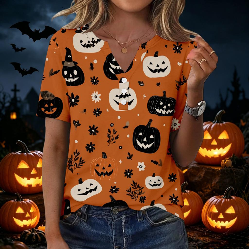 Women Casual Halloween Print V Neck Short Sleeve Button Decor T Shirt Top Lightweight Comfortable Fashionable Design