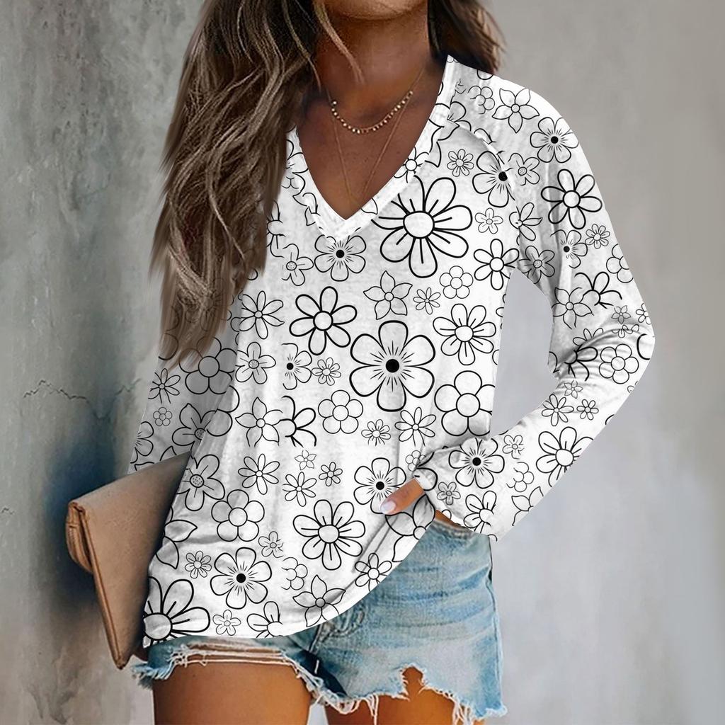 Женская модная свободная футболка с V-образным вырезом и длинным рукавом с винтажным цветочным принтом, повседневный топ
