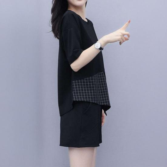 Женский летний комплект из двух предметов: свободный топ с короткими рукавами и круглым вырезом в клетку, широкие шорты, повседневный спортивный костюм для отдыха