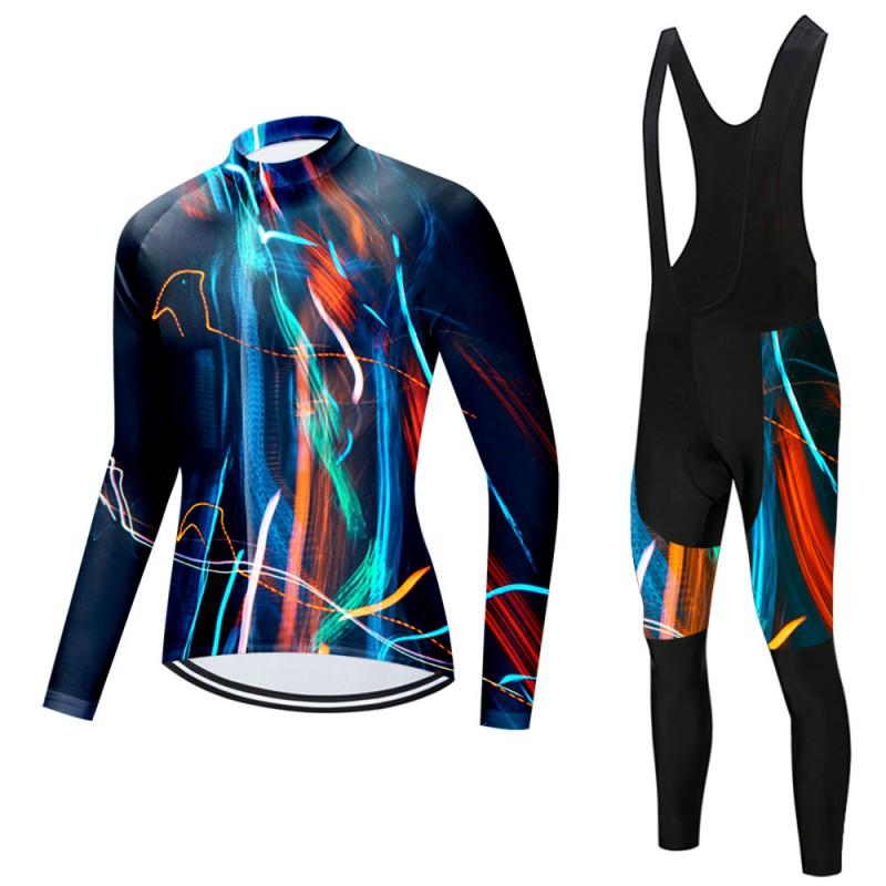 Mens Long Sleeve Cycling Jersey Bib Pants Set Breathable Quick-Dry Road Mountain Bike Riding