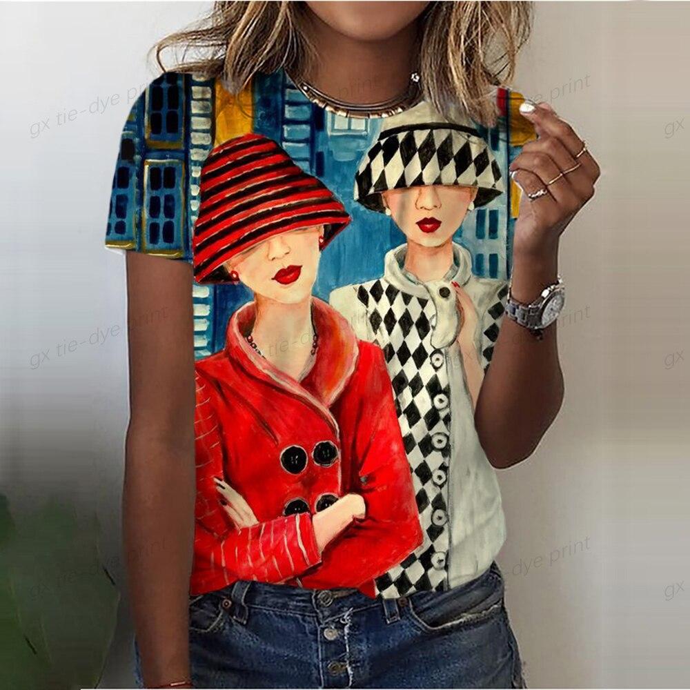 Летний топ с круглым вырезом и 3D-принтом с изображением девушки, модная повседневная женская футболка с коротким рукавом