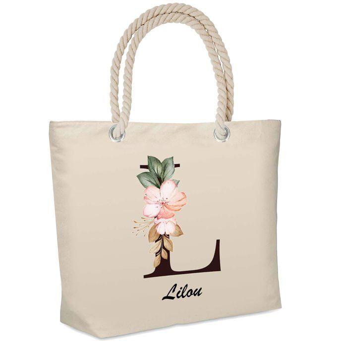 Sac de plage - PLANETEE - Lilou Lettre Fleur - Isotherme - Coton imprimé - Grande contenance