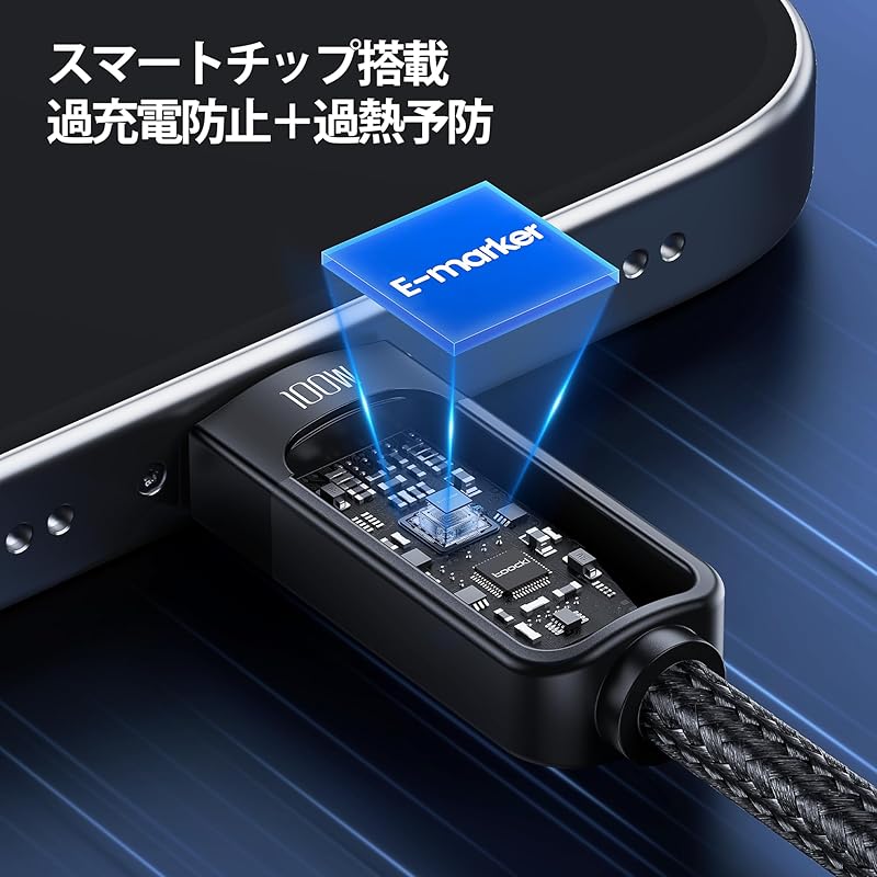 Toocki Usb C Cable 2M 100W Black PD/QC Compatible Type C Cable Fast Charging Equipped with LED Display Type-c Nylon Knitting Data Transfer Phone