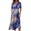 Ladies Casual Fashion Gradient Print V-Neck Short Sleeve Waist Long Swing Dress