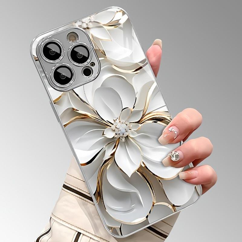 Масляная живопись Белые цветы Закаленное стекло Гальванизированный Чехол для телефона Для iPhone 17 16 15 14 13 12 11 Pro Max Plus 16E 17 Air Cover