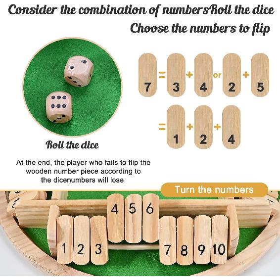 Shut The Box Game (2-4 Players), Wooden Shut The Box Dice Game, Wooden Board Game for Adults Kids, for Family Classroom Home or Bar