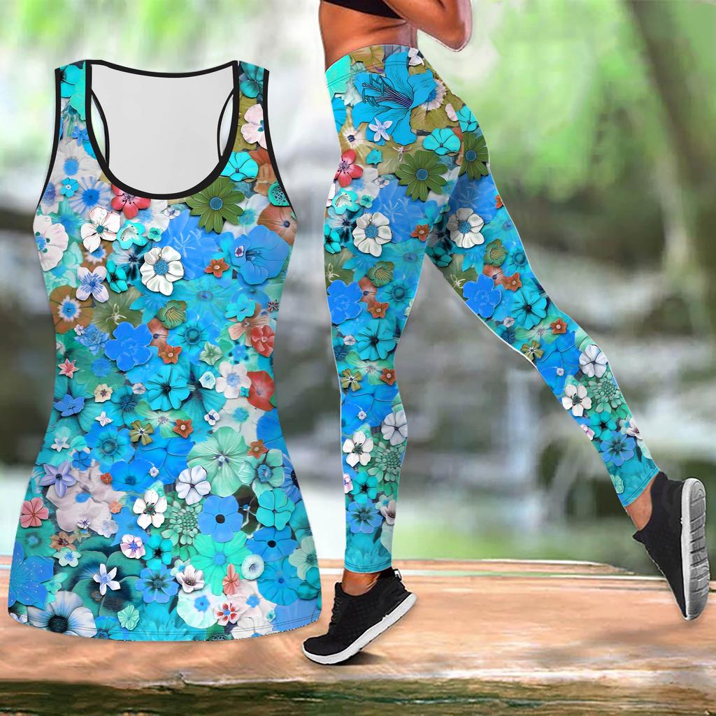 Blue Shadow Flower Print Yoga Outfit for Women Fashion Workout Leggings Fitness Sports Casual Yoga Set Sports Suit