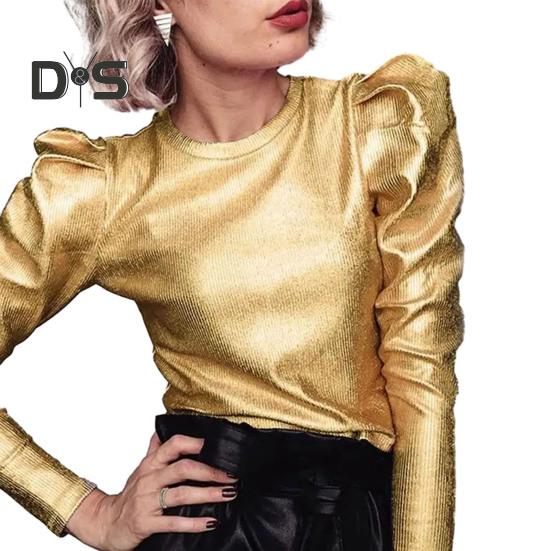 Spring Autumn Women Tops Round Neck Long Sleeve Pullover Tops Punk Style Solid Pink/Golden/Silver Color Loose Casual T-shirt Ladies Fashion Casual