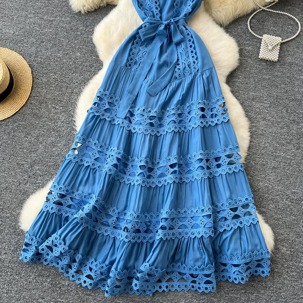 Summer Elegant Lace Spliced Embroidery Long Maxi Holiday Robe Women's Sleeveless Tank Wedding Party Dressess