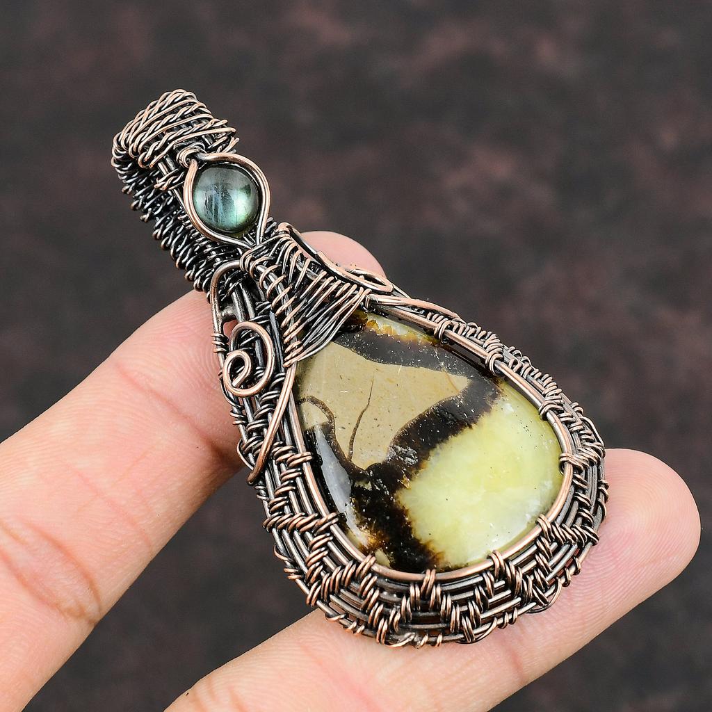 Септарианский кулон, обернутый медной проволокой, дизайнерский кулон, лабрадорит, драгоценный камень, кулон ручной работы, медное украшение, подарок для матери