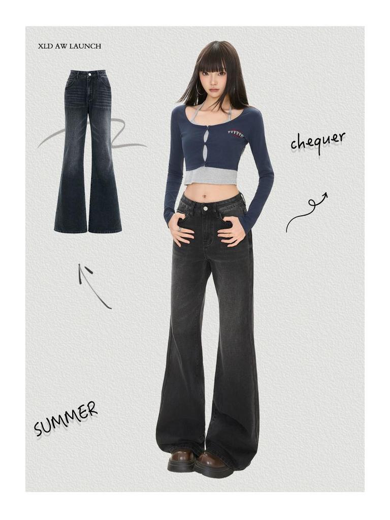 2025 Черно-серые вельветовые джинсы клеш с высокой посадкой и широкими штанинами для женщин