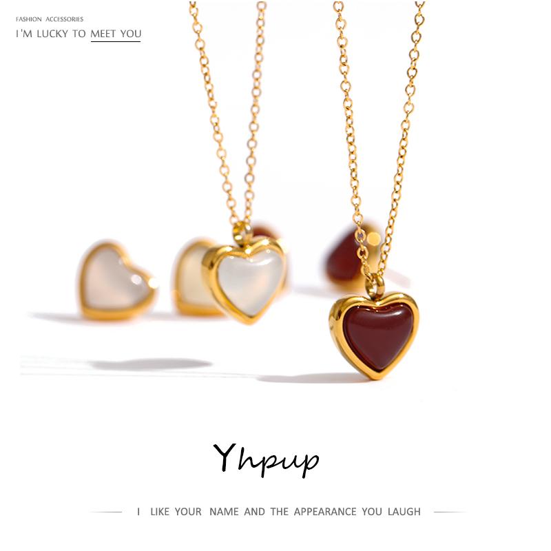 Yhpup Stainless Steel Heart Pendant Necklace Chain Jewelry Temperament Natural Stone Agate Collar Women Necklace