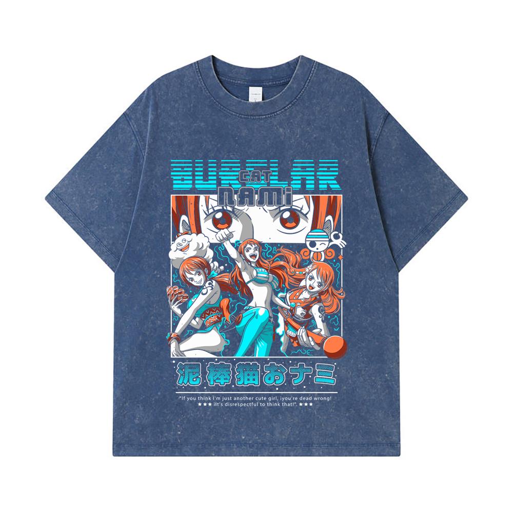 275 GSM Washed T-shirts 100% Cotton One Piece V42 Nami Print Unisex Heavy Cotton T Shirt