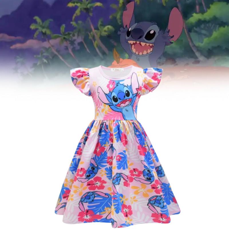 Lilo And Stitch Girl Dress With Puffy Sleeves Summer Cotton Polyester For Ages 3 To 8