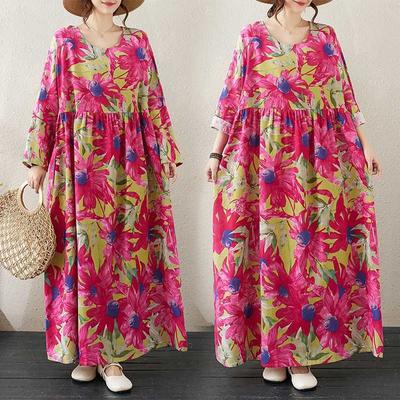 Круглый вырез Свободный Большой размер Литературный Отпуск Плюс Юбка с длинным рукавом