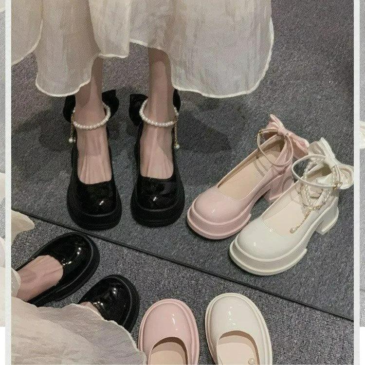 Женские туфли Мэри Джейн на толстой платформе, туфли Лолиты, вечерние туфли-лодочки, летние новые босоножки на высоком каблуке, туфли с бантом и цепочкой, женские туфли Оксфорды