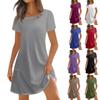 Women's Fashion Summer Square Neck Short Sleeve Casual Loose Pocket Button Solid Color Dresses