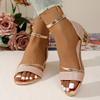 2025 Summer Plus Size Women's Modern Cover Heel Sandals Ankle Buckle Strap Shoes Bling Crystal Low Heel Dress Sandals