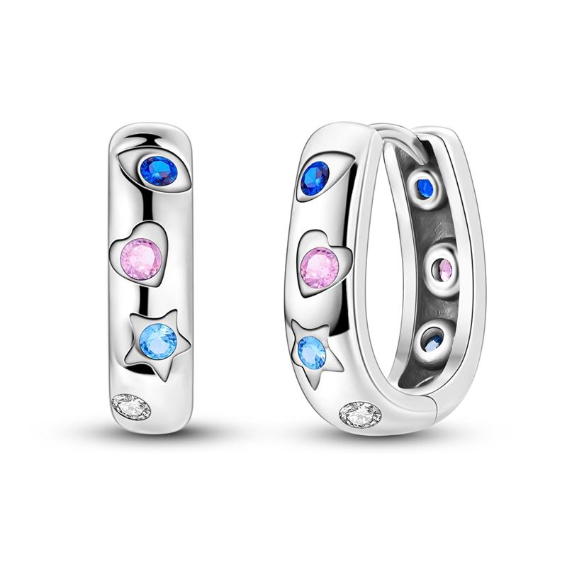 Round Circle Hoop Earrings For Women 925 Silver Heart Star Moon Sun Flower Zircon Opal Earrings Jewelry Gift