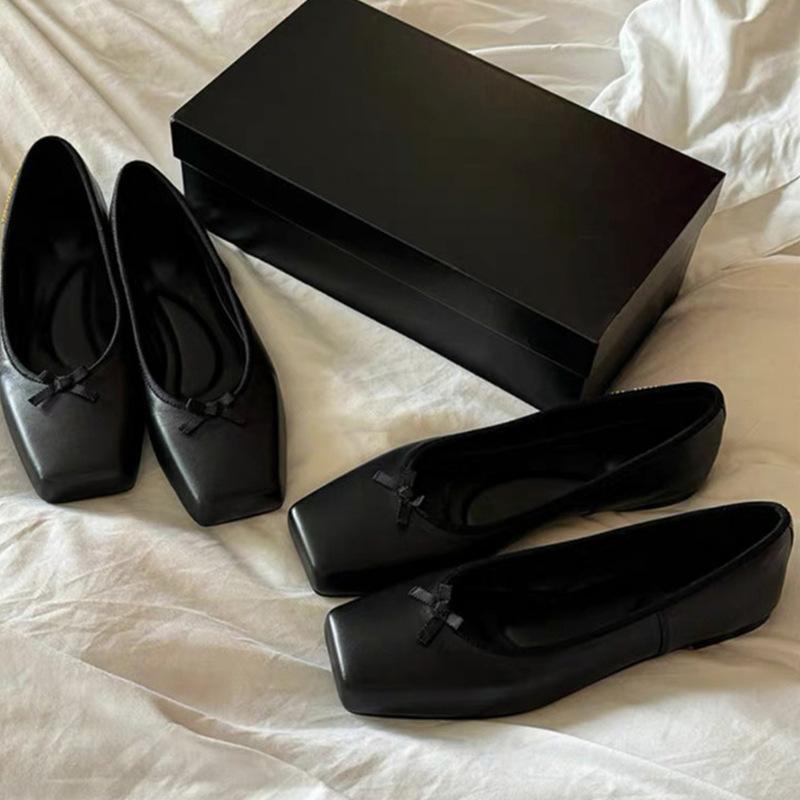 Версия из овчины~ 2025 новая корейская версия туфли Мэри Джейн с квадратным носком, носом-пяточком и бантом, женские на плоской подошве