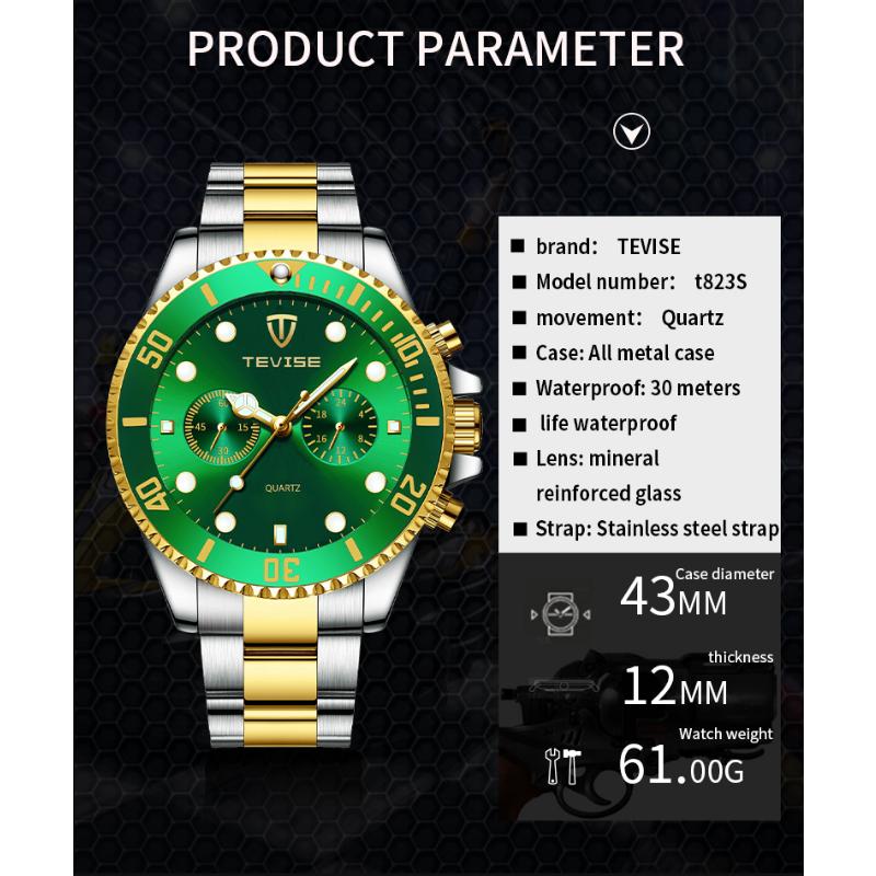 Tevise Мужские Бизнес-часы Нержавеющая сталь Кварцевые часы Дата Модные Повседневные часы Сапфировое стекло Часы